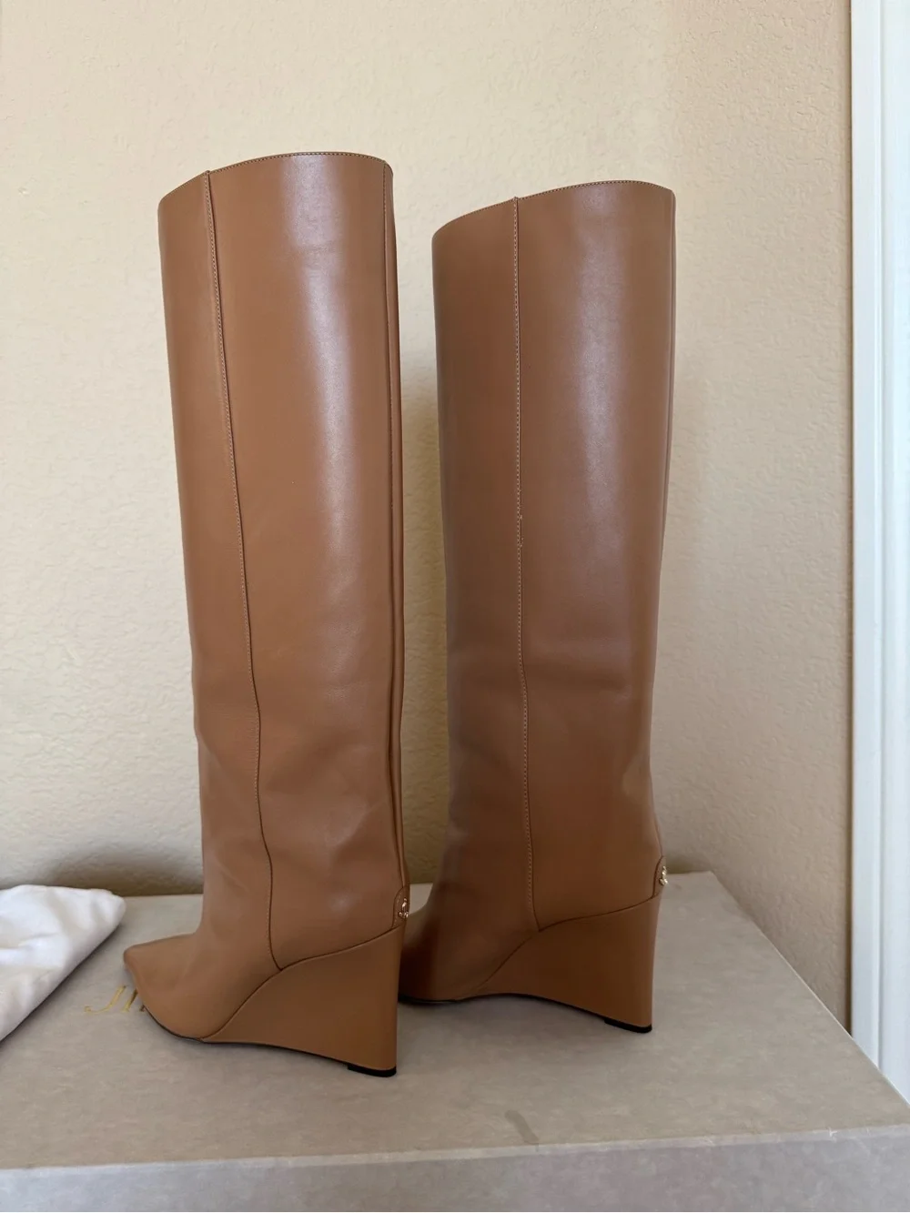 Jimmy Choo Tall Pointed-Toe Over-the-Knee Boots — Tan